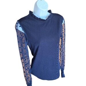 B Mesh Polka Dot Sleeve Ruffle Neck Top Women S Navy Blue Romantic Chic Parisian